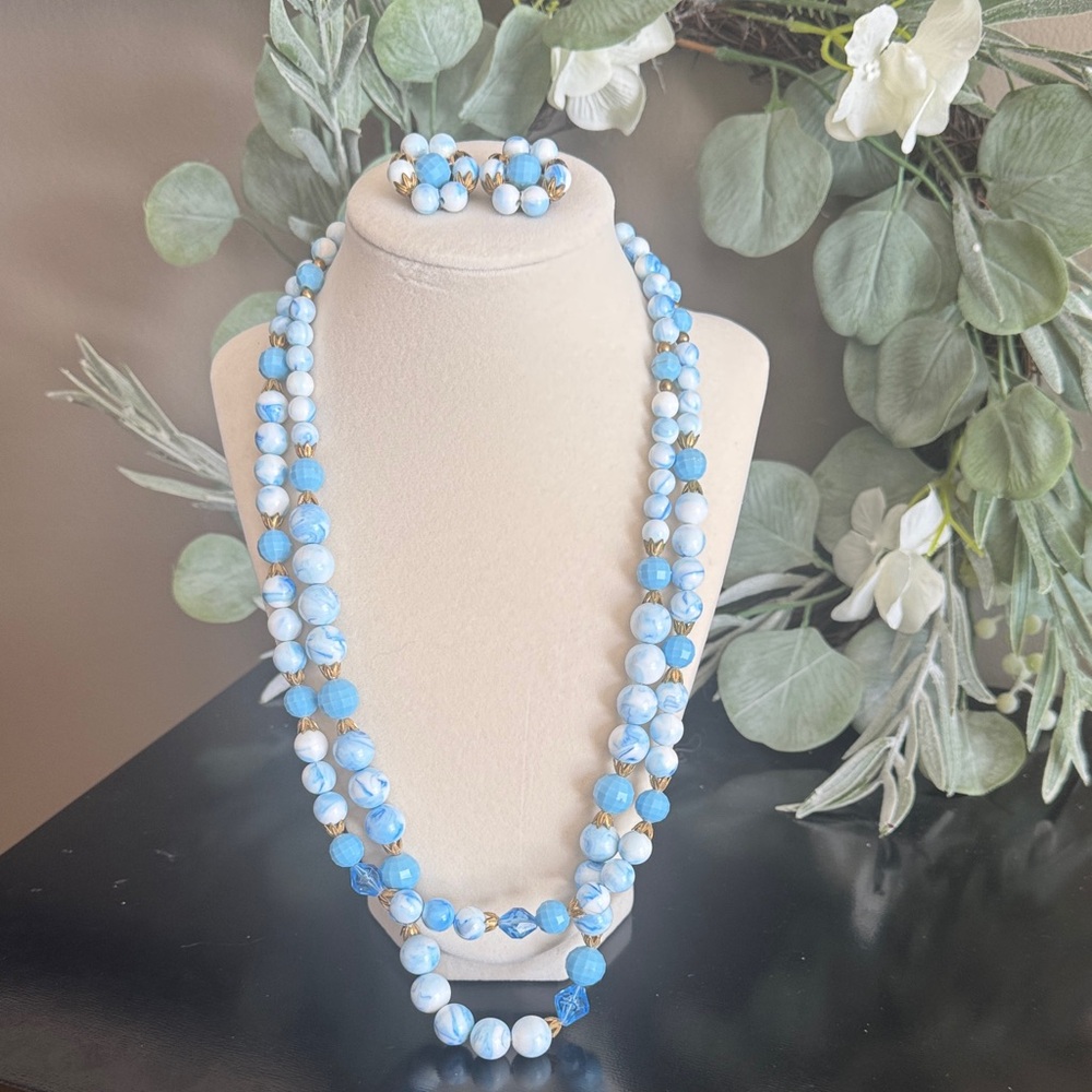 Vintage Blue & White Double Strand Beaded Necklace with Hook Closure | Unsigned